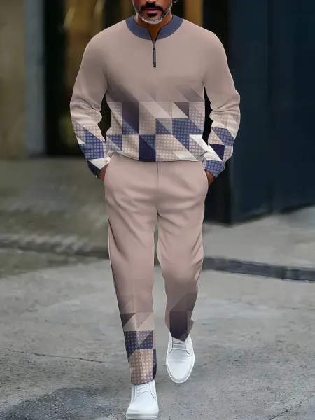 Design Colorblock Half-Zip Sweater White with Multicolor Sleeve Print and Navy Dress Pants - 16