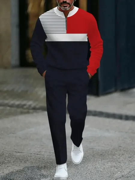 Design Colorblock Half-Zip Sweater White with Multicolor Sleeve Print and Navy Dress Pants - 19