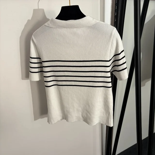 Dior Knitwear Short-Sleeve Striped Ribbed Polo Knit Top product detail image 3