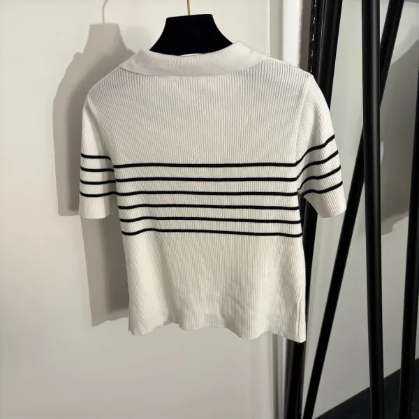 Dior Striped Ribbed Knit Polo White / Black Polo Shirt - 4