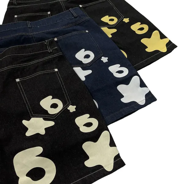 Design Denim Shorts with Silver Numeric and Star Print - 14