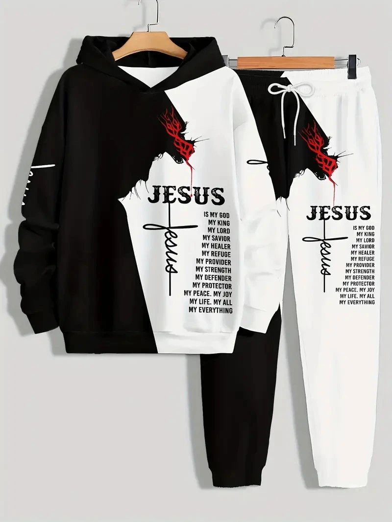 Design Abstract Face Print Hoodie and Sweatpants Set Multicolor Tracksuit - 29