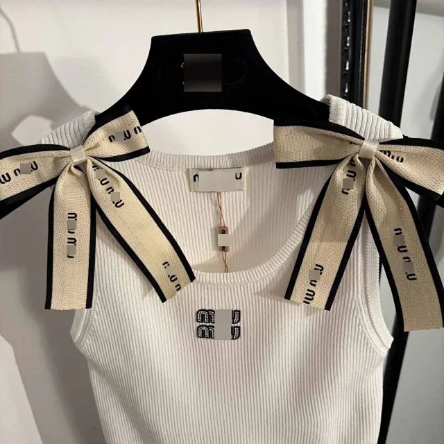 Miu Knitwear Ribbed Knit Bow-Shoulder Top product detail image 4