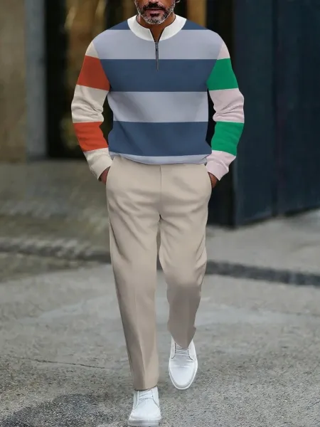 Design Colorblock Half-Zip Sweater White with Multicolor Sleeve Print and Navy Dress Pants - 17