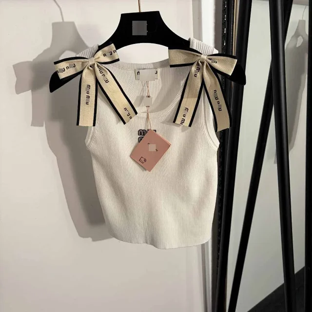 Miu Knitwear Ribbed Knit Bow-Shoulder Top product detail image 2