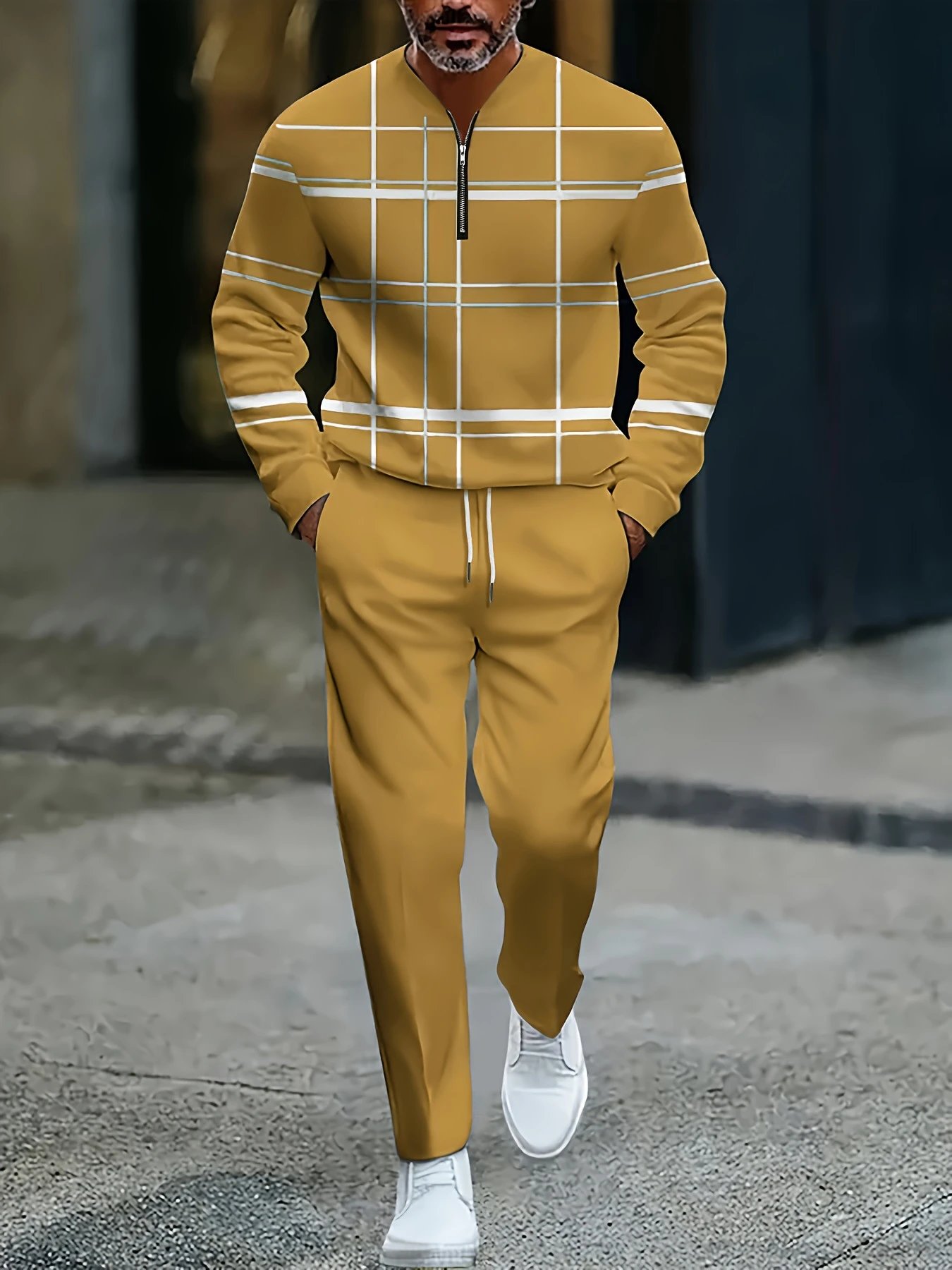 Design Colorblock Half-Zip Sweater White with Multicolor Sleeve Print and Navy Dress Pants - 25