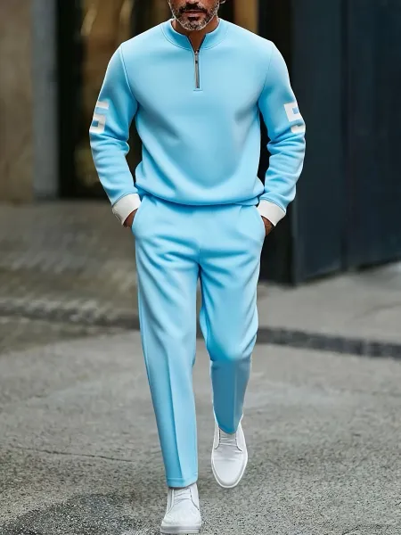 Design Colorblock Half-Zip Sweater White with Multicolor Sleeve Print and Navy Dress Pants - 33