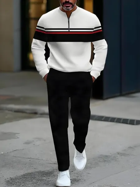 Design Colorblock Half-Zip Sweater White with Multicolor Sleeve Print and Navy Dress Pants - 7