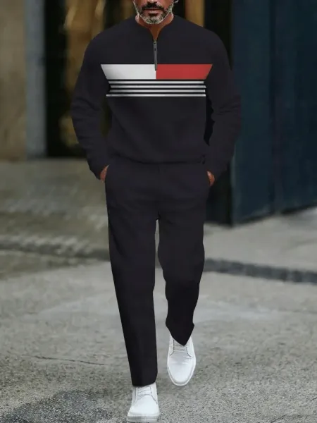 Design Colorblock Half-Zip Sweater White with Multicolor Sleeve Print and Navy Dress Pants - 21
