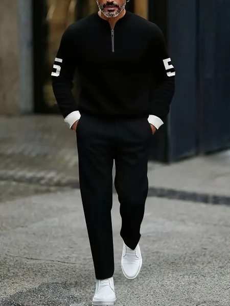 Design Colorblock Half-Zip Sweater White with Multicolor Sleeve Print and Navy Dress Pants - 27