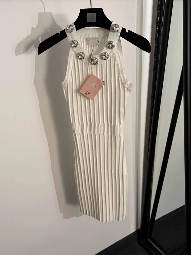 Miu Dresses Sleeveless ribbed knit dress with crystal-embellished neckline product detail image 2
