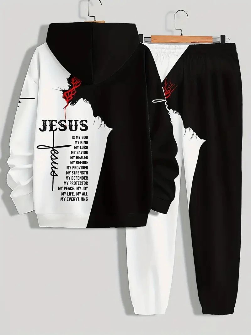 Design Abstract Face Print Hoodie and Sweatpants Set Multicolor Tracksuit - 28