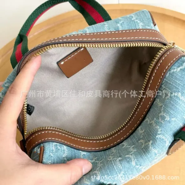 Gucci Boston Bag Blue Denim with Web Stripe Handle Handbags - 9