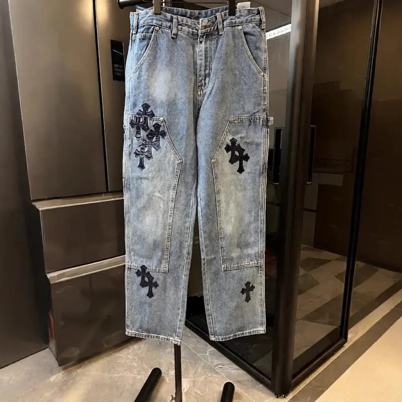 Unbranded Jeans Light-wash carpenter with cross appliqués image 4