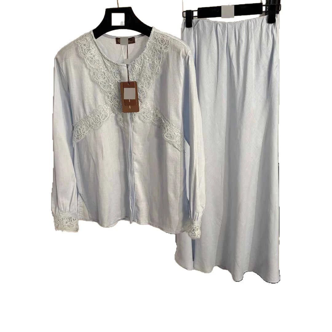 Unbranded Matching Sets Lace-Trim Long-Sleeve Blouse and High-Waist Skirt Set image 5