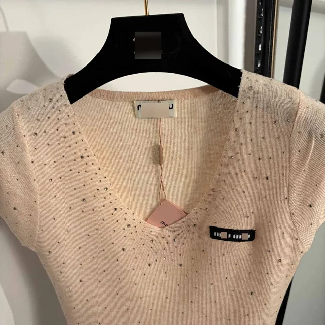 Unbranded Knitwear Rhinestone V-Neck Short-Sleeve Knit Top product detail image 4