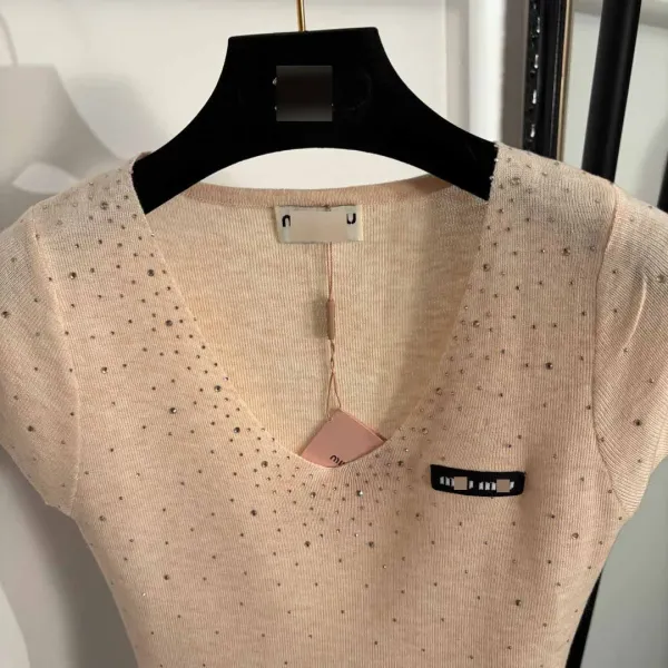 Miu Miu Embellished V-Neck Knit Top Gray - 6