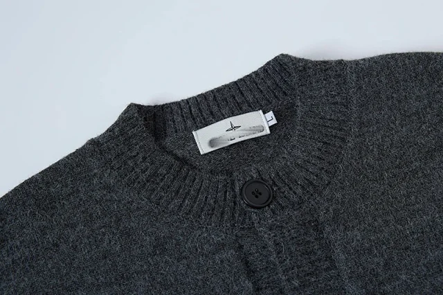 Stone Island Knitwear Button-Front Crewneck Cardigan with Sleeve Compass Badge product detail image 6