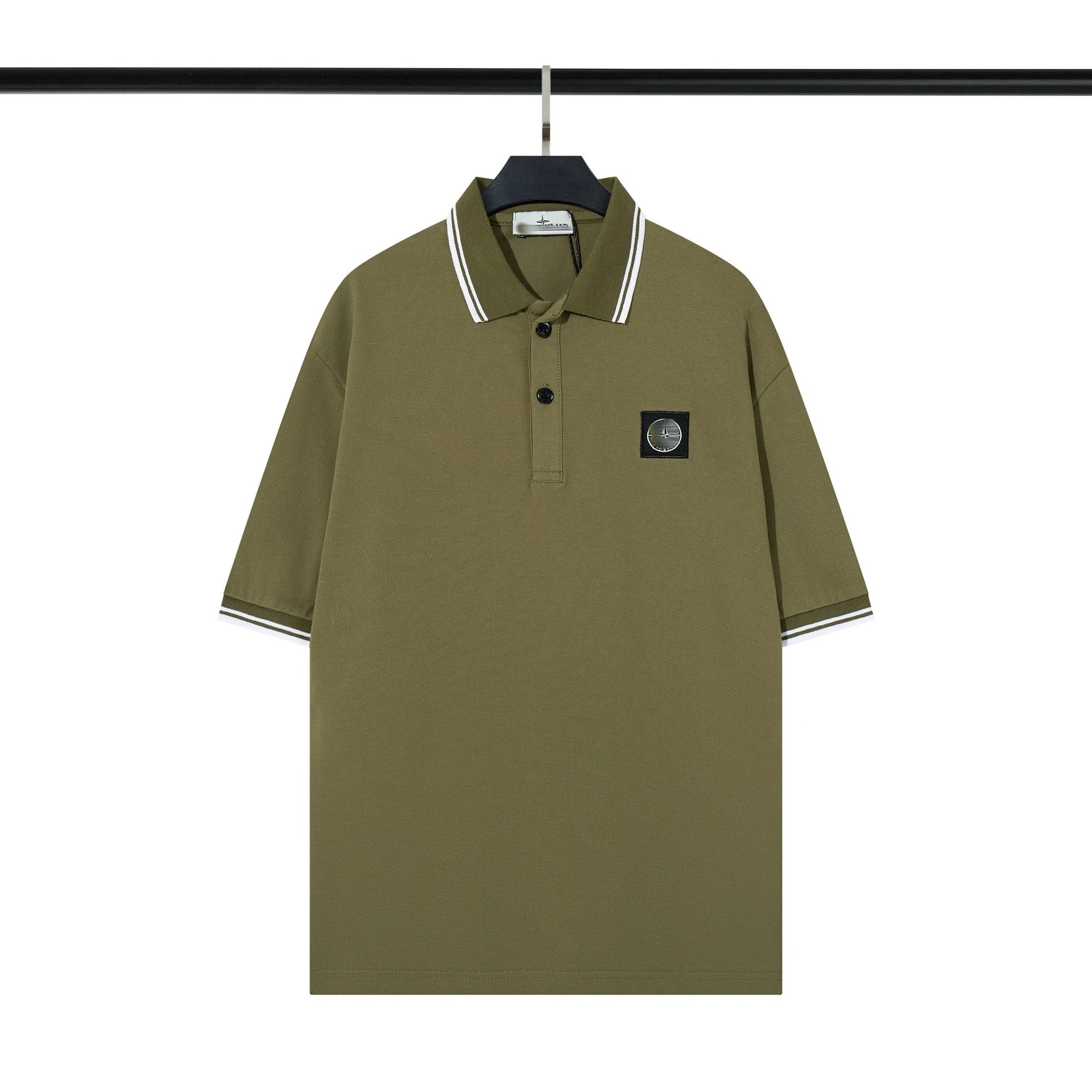 Stone Island T-Shirts Short-Sleeve Polo Shirt with Compass Badge and Striped Trim — 639 Army Green