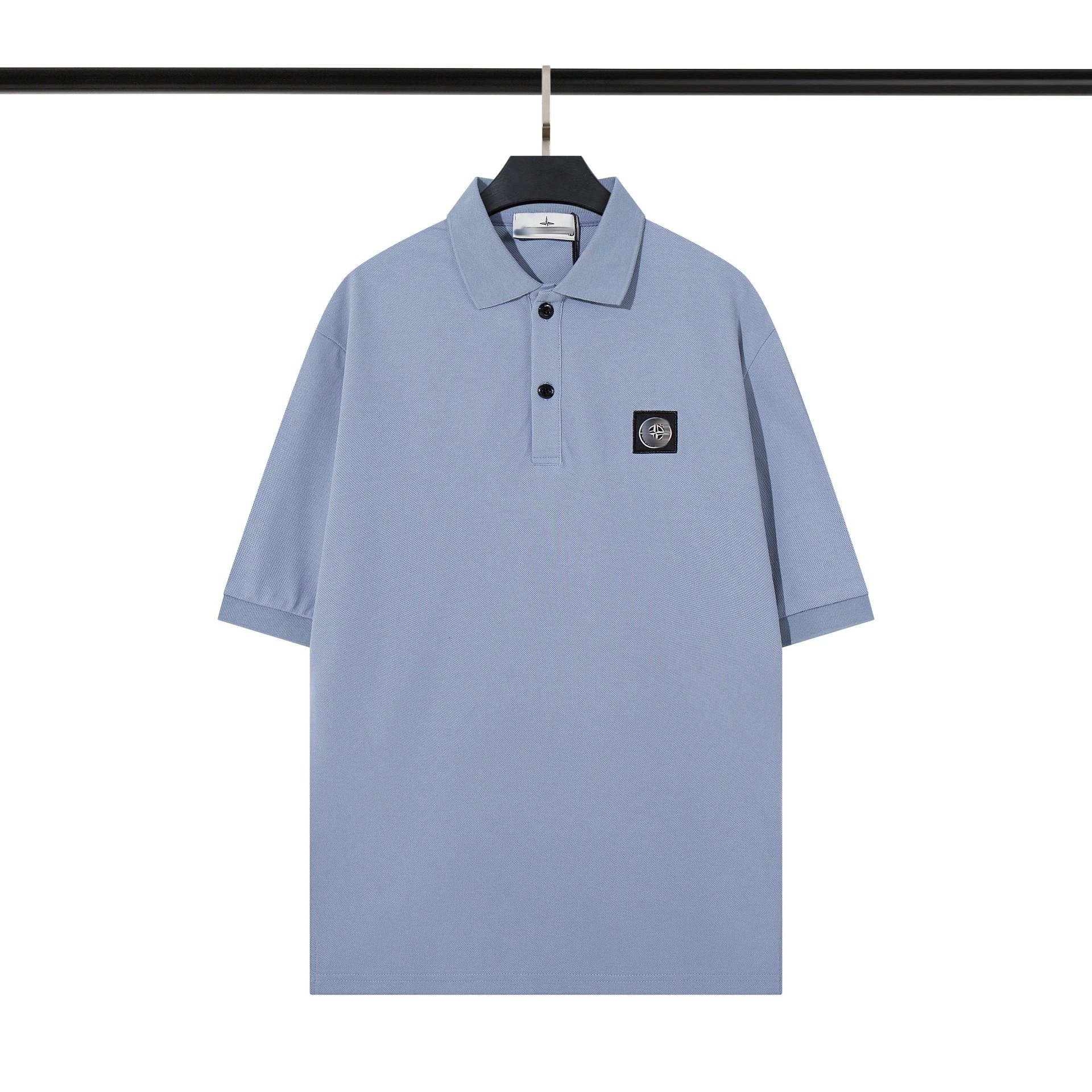 Stone Island T-Shirts Short-Sleeve Polo Shirt with Compass Badge and Striped Trim — 8229 gray blue