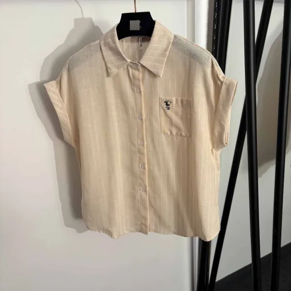 Design Short-Sleeve Shirt and Wide-Leg Pants Set Beige Linen-Blend Casual Set - 4