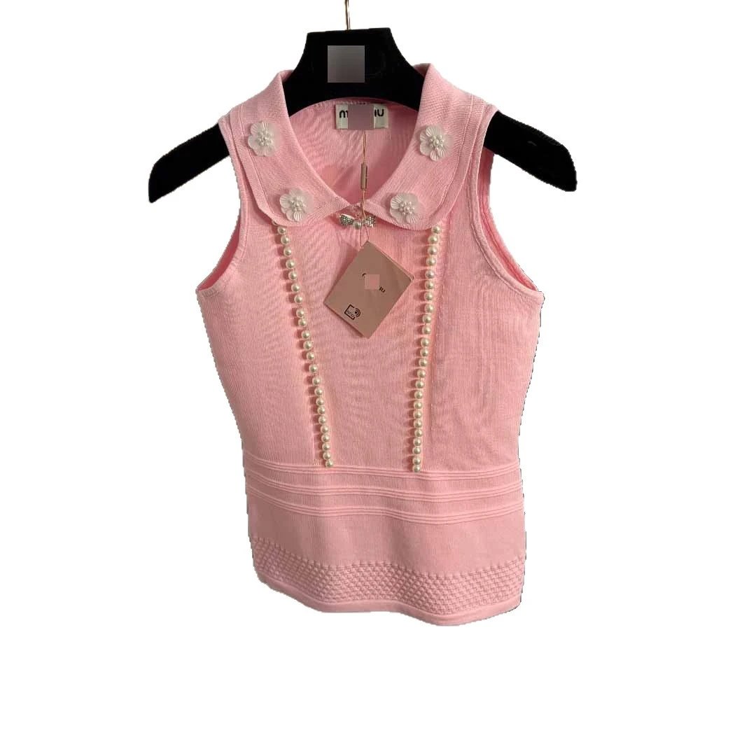 Miu Vests Pearl-Embellished Sailor-Collar Knit Vest with Floral Appliqués image 5