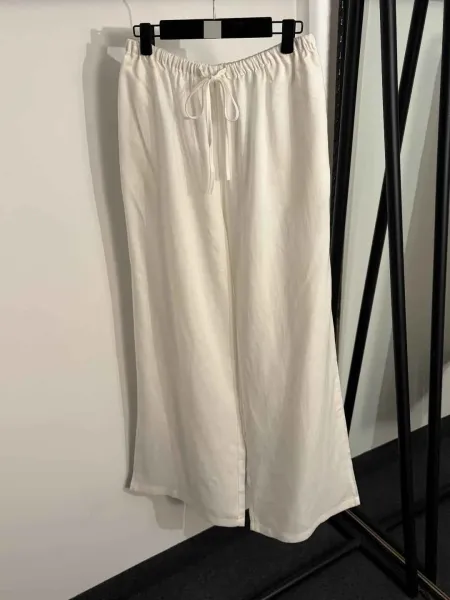 Design Embroidered Linen Shirt and Drawstring Pants Set Beige - 7