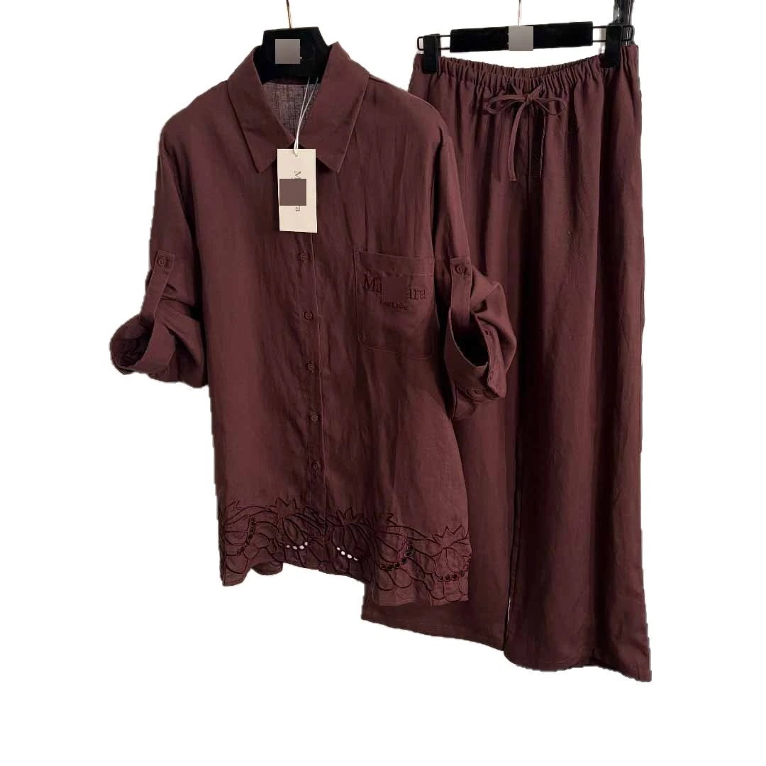 Unbranded Matching Sets Button-Up Shirt and Drawstring Trousers Set with Floral Cutwork Hem image 5