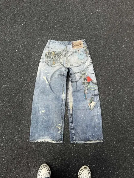 Acne Studios Distressed Chain-Embellished Wide-Leg Jeans Blue - 10