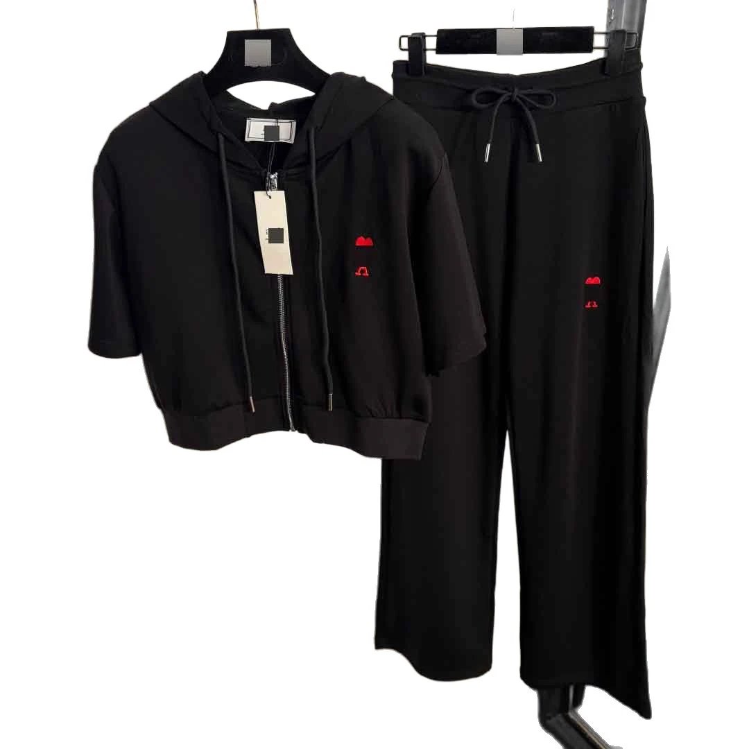 Unbranded Tracksuits Short-Sleeve Hooded Zip Jacket and Wide-Leg Trousers Set with Red Heart Embroidery image 5