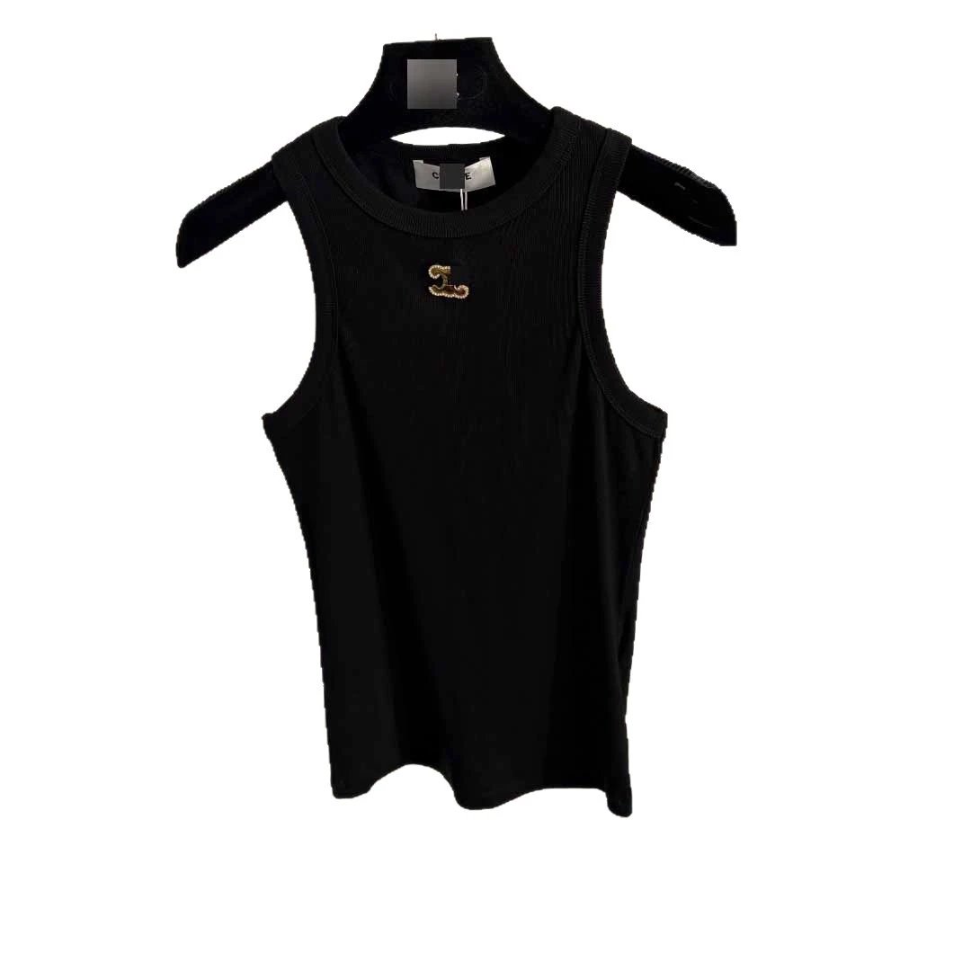 Celine Vests Ribbed sleeveless tank top with gold Triomphe emblem image 5