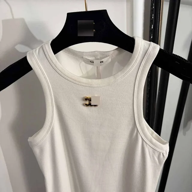 Celine Vests Ribbed sleeveless tank top with gold Triomphe emblem product detail image 4