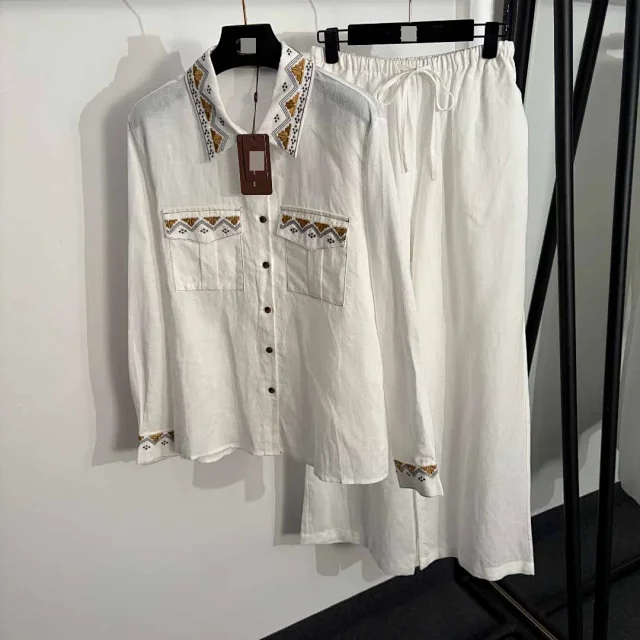 Unbranded Matching Sets Embroidered two-pocket shirt and drawstring wide-leg trousers product detail image 3