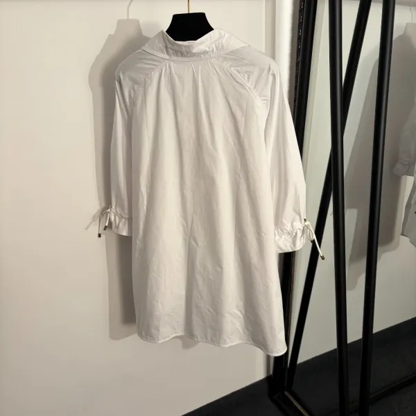 Design Drawstring Cuff Shirt Dress White - 4
