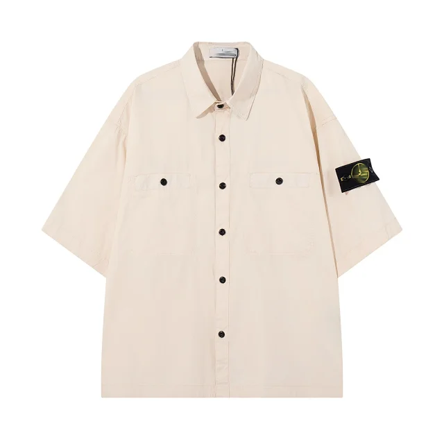 Stone Island Shirts Short-Sleeve Button-Up Overshirt with Compass Arm Patch and Chest Pocket product detail image 7