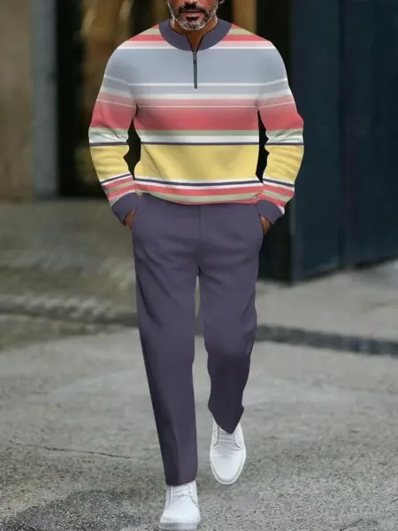 Design Colorblock Half-Zip Sweater White with Multicolor Sleeve Print and Navy Dress Pants - 22