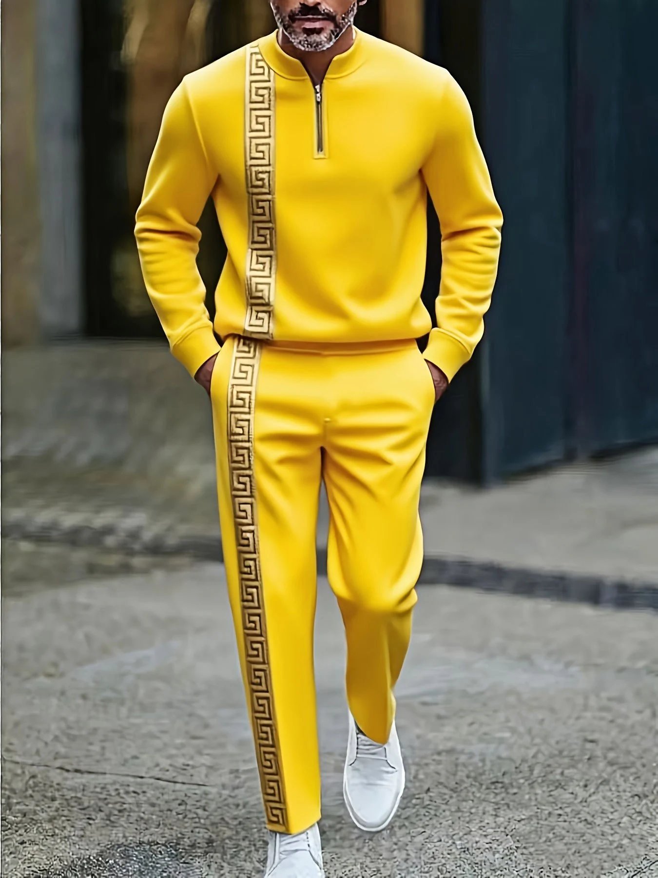 Design Colorblock Half-Zip Sweater White with Multicolor Sleeve Print and Navy Dress Pants - 30
