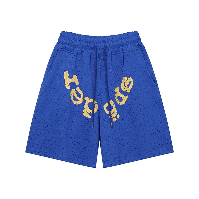 Design Mesh Shorts with Gold Graphic Print Blue Shorts