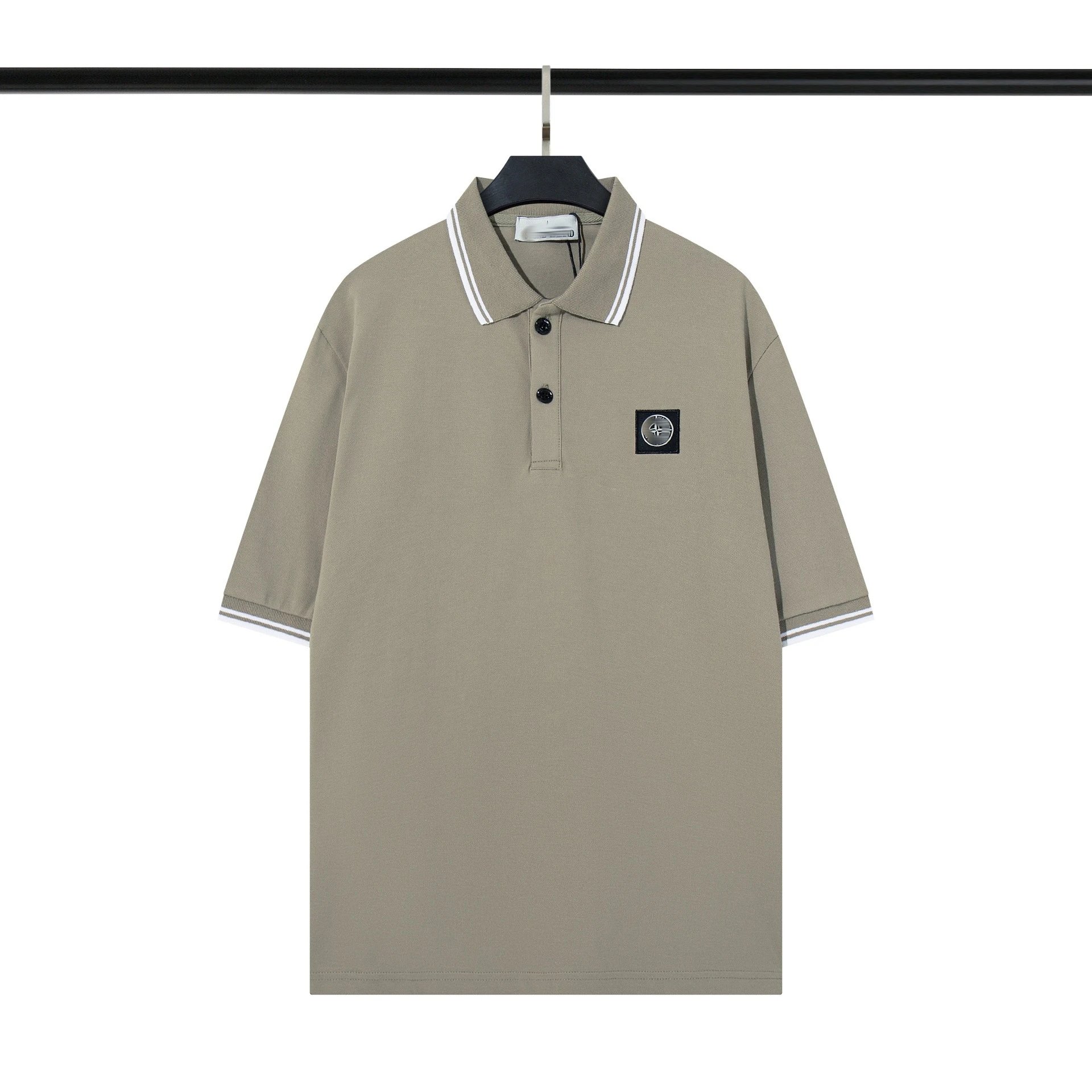 Stone Island T-Shirts Short-Sleeve Polo Shirt with Compass Badge and Striped Trim — 639 camel color