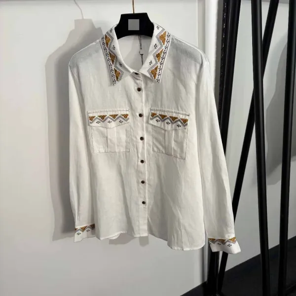 Design Embroidered Linen Shirt and Drawstring Pants Set White Sets - 4