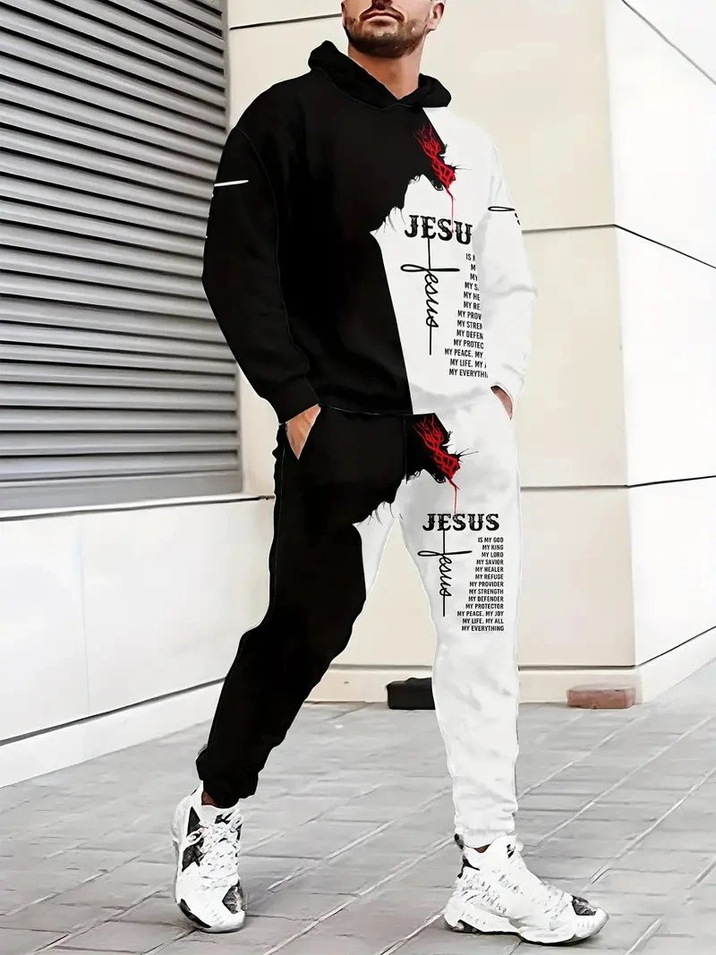 Design Abstract Face Print Hoodie and Sweatpants Set Multicolor Tracksuit - 26