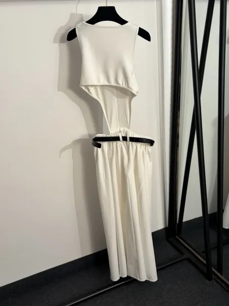 Design Asymmetrical Cut-Out Sleeveless Top with Wide-Leg Pants Set White - 4