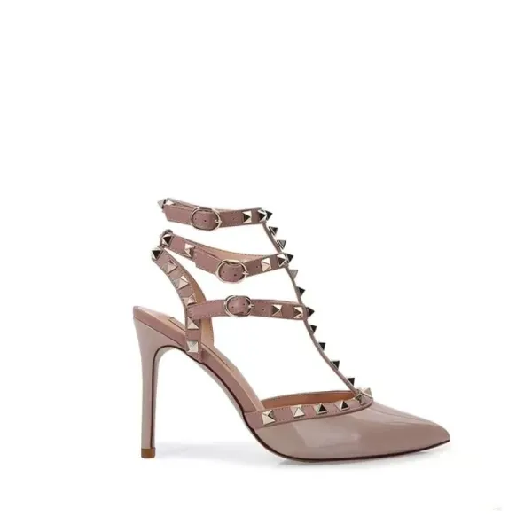 Valentino Rockstud Strappy Pointed-Toe Kitten Heel in Nude - 20