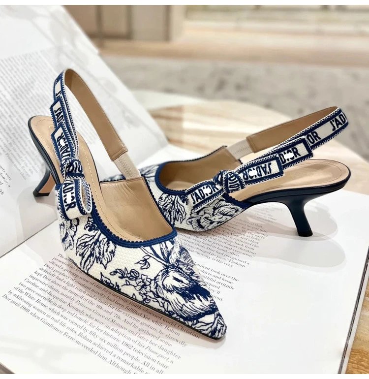 Dior J'adior Slingback Heels Navy Blue and White Toile Print - 3