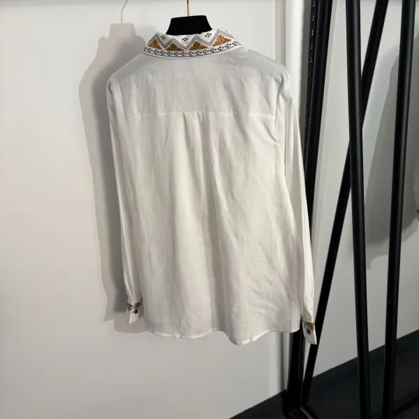 Design Embroidered Linen Shirt and Drawstring Pants Set White Sets - 5