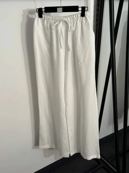 Design Embroidered Linen Shirt and Drawstring Pants Set White Sets - 6