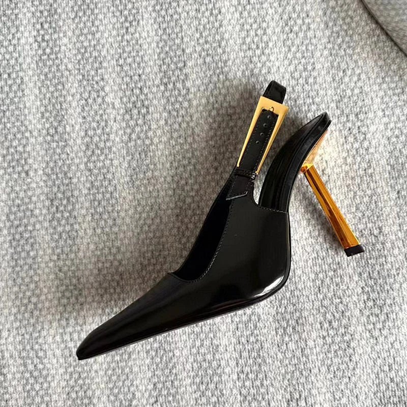 Slingback Stiletto Heel Black Patent Leather with Gold-tone