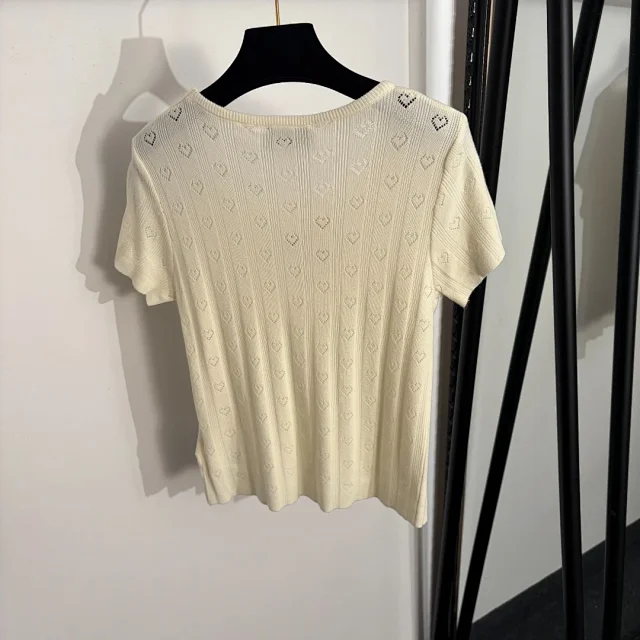 Miu Knitwear Short-Sleeve Heart Pointelle Knit Top with Bow Detail product detail image 3