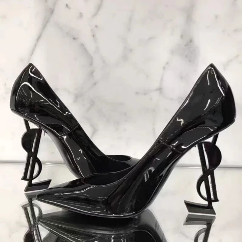 Saint Laurent High Heels Patent pointed-toe pumps with YSL logo image 3