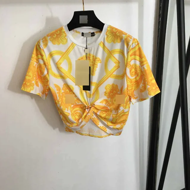 Unbranded T-Shirts Short-Sleeve Baroque Print Waist-Knot T-Shirt product detail image 2
